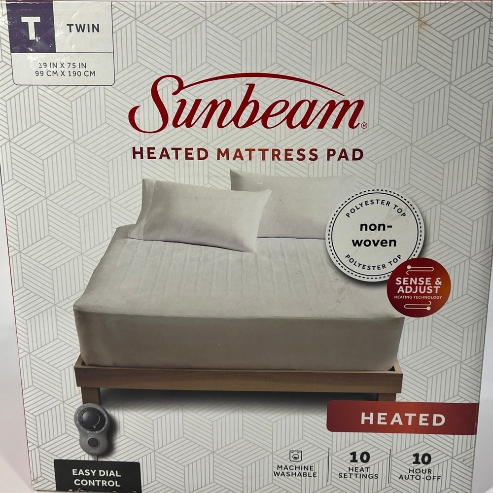 Sunbeam Heated Mattress Pad Twin‎ Size White 10 Heat Settings Auto Off New Box